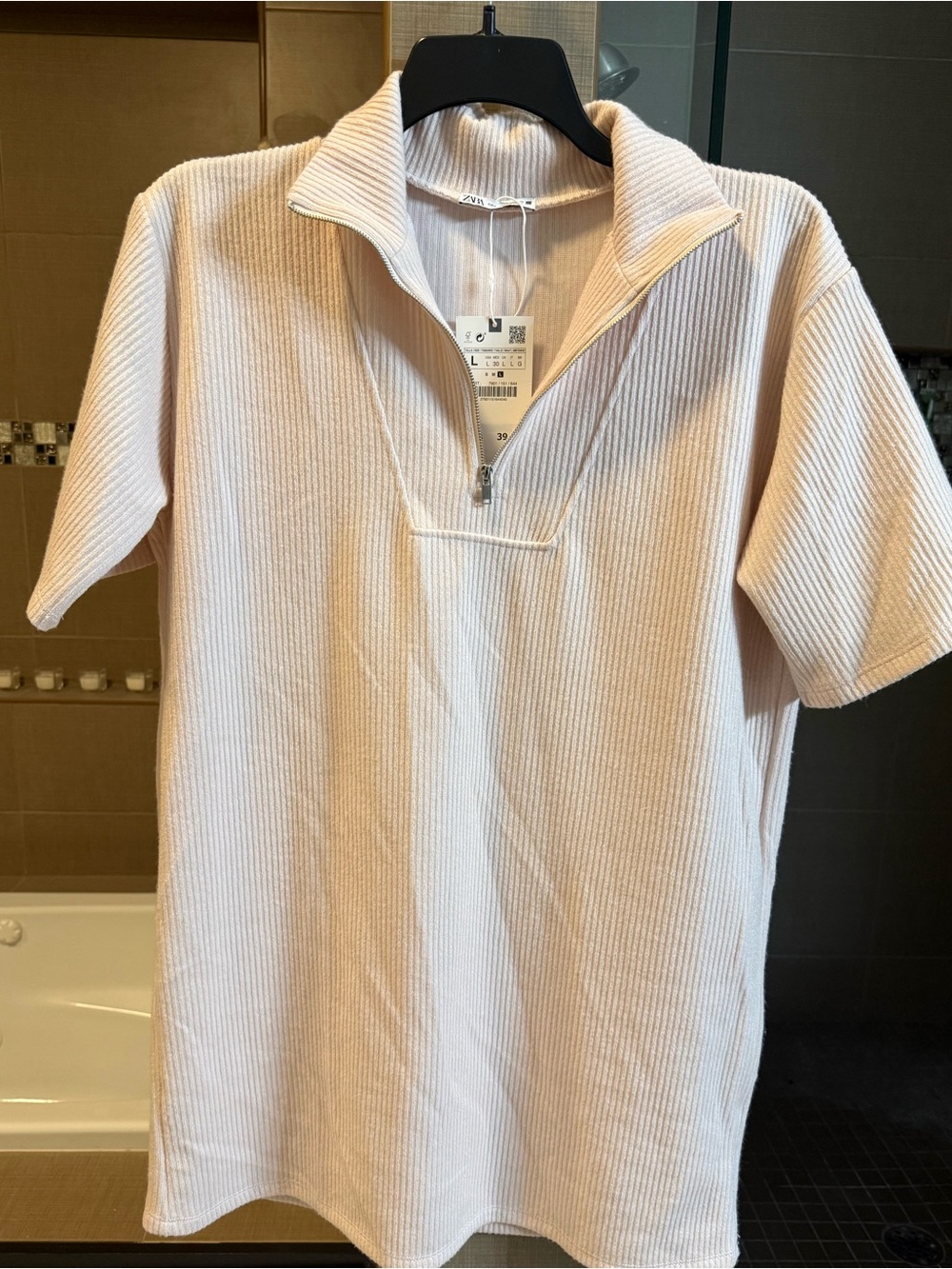Zara Light Pink Ribbed Half-Zip Polo Dress